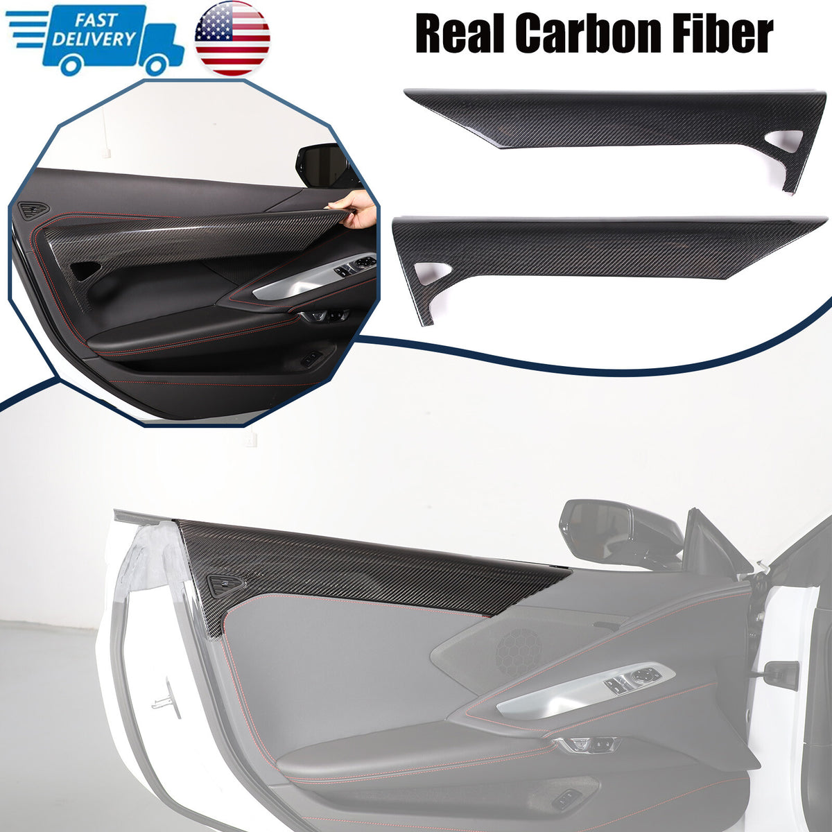 Real Carbon fiber Interior Door Upper Panel trim Cover For Corvette C8 20-26 US 1