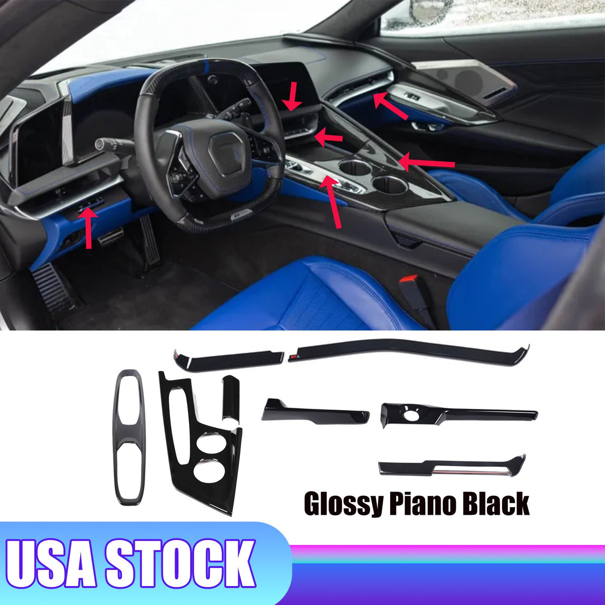 Glossy Piano Black Center Console Panel Trim Set For Corvette C8 2026+ US 1