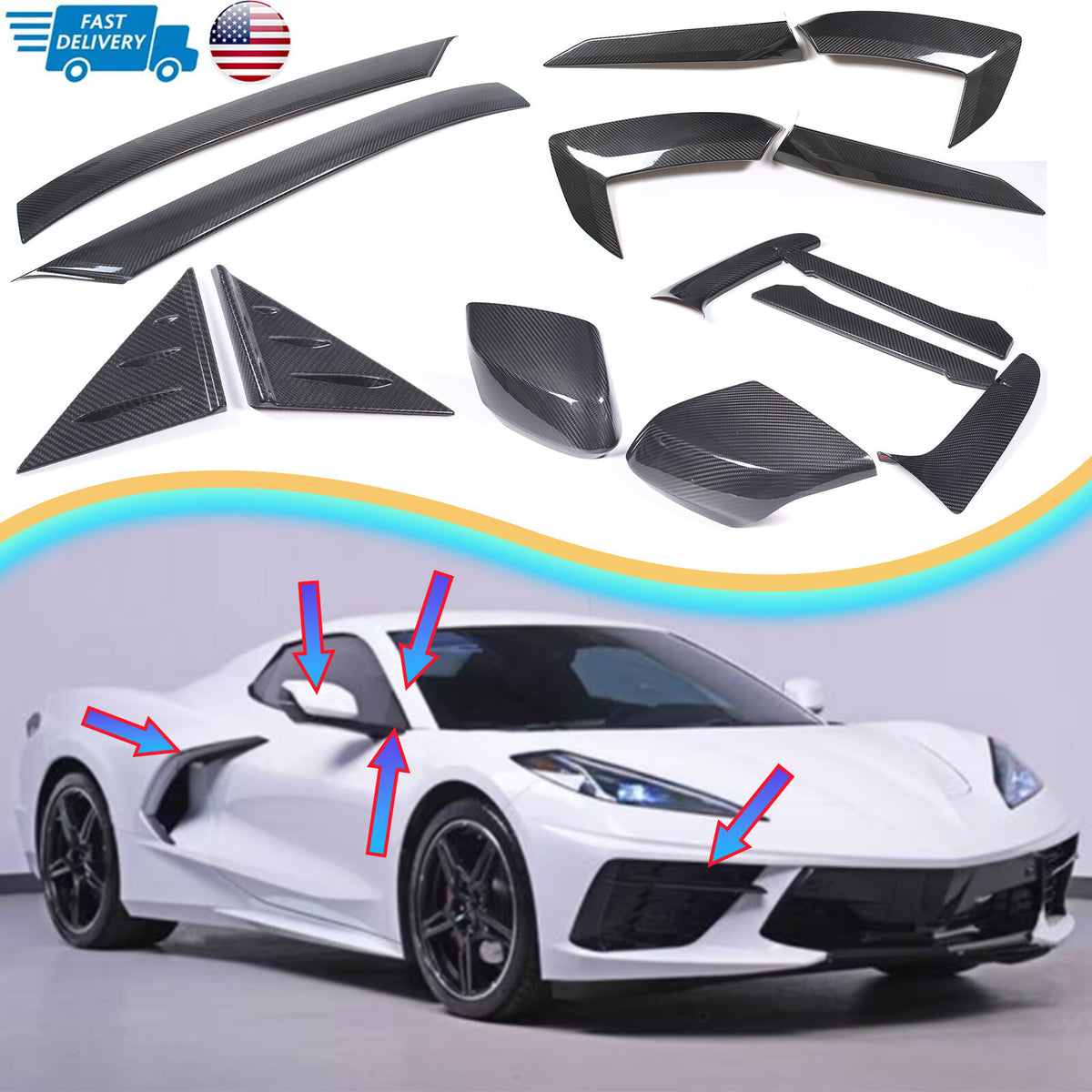 Real Carbon Fiber Exterior Door Mirror Full Set Cover Trim Kit For C8 Corvette 1