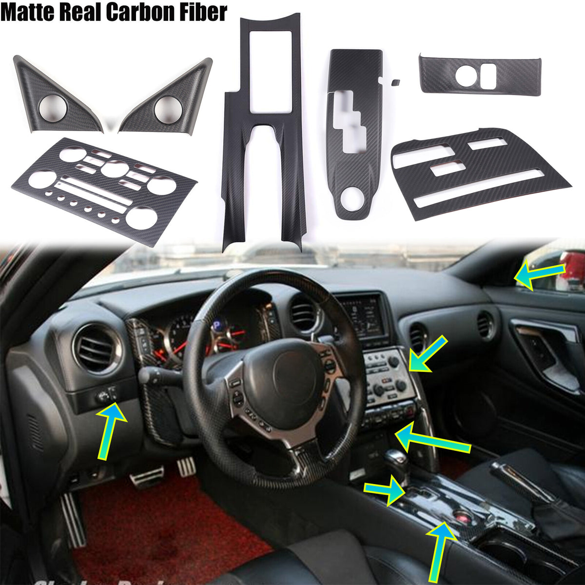 Matte Black Real Carbon Fiber Interior Trim Cover Kit For Nissan GTR R35 2008-16 1