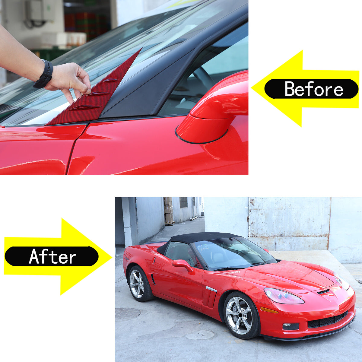 Red Real Carbon Fiber Window Triangle A-Pillar Cover Trim For Corvette C6 05-13 3