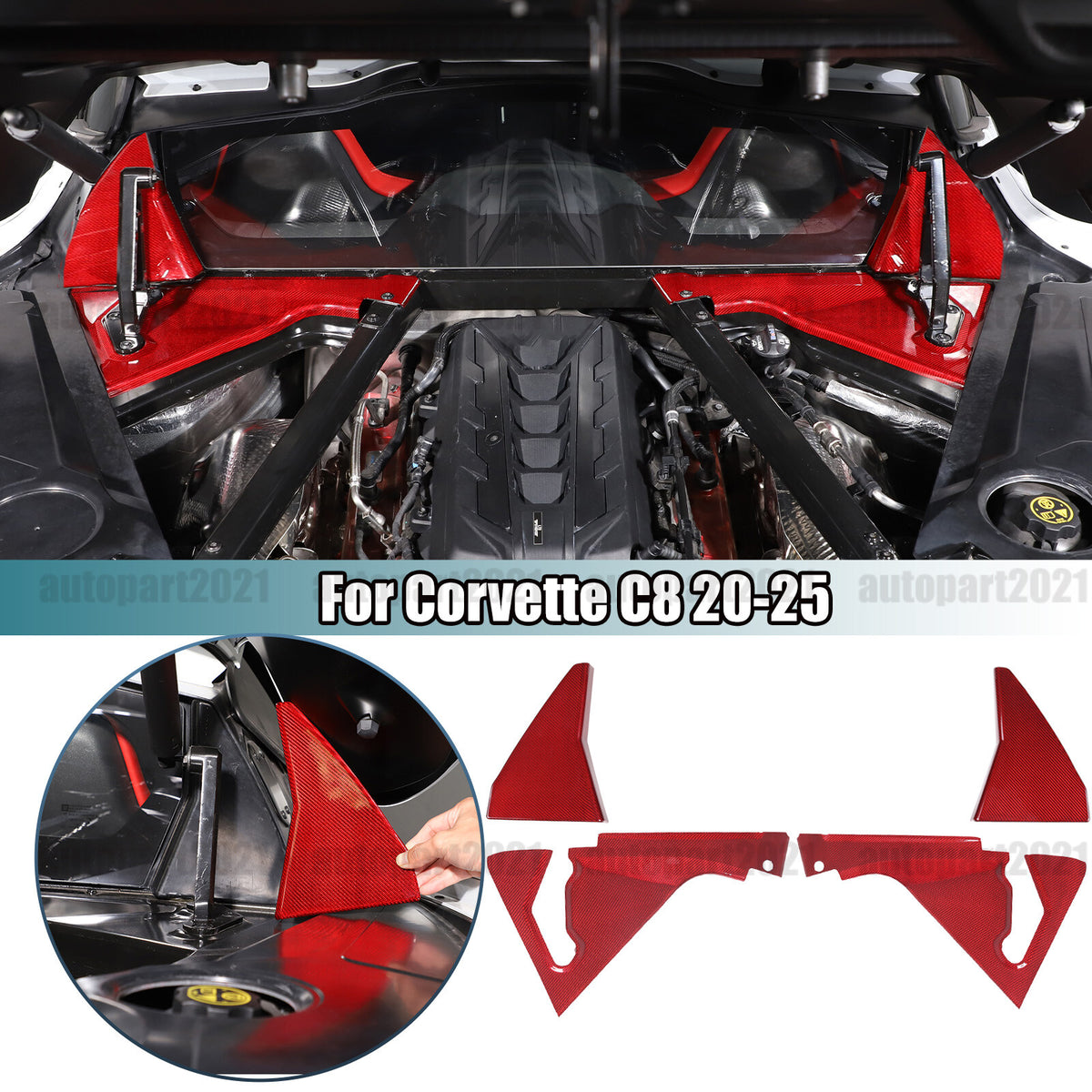 Red Real Carbon Fiber Engine Bay Glass Corner Cover Trim For Corvette C8 Coupe 1