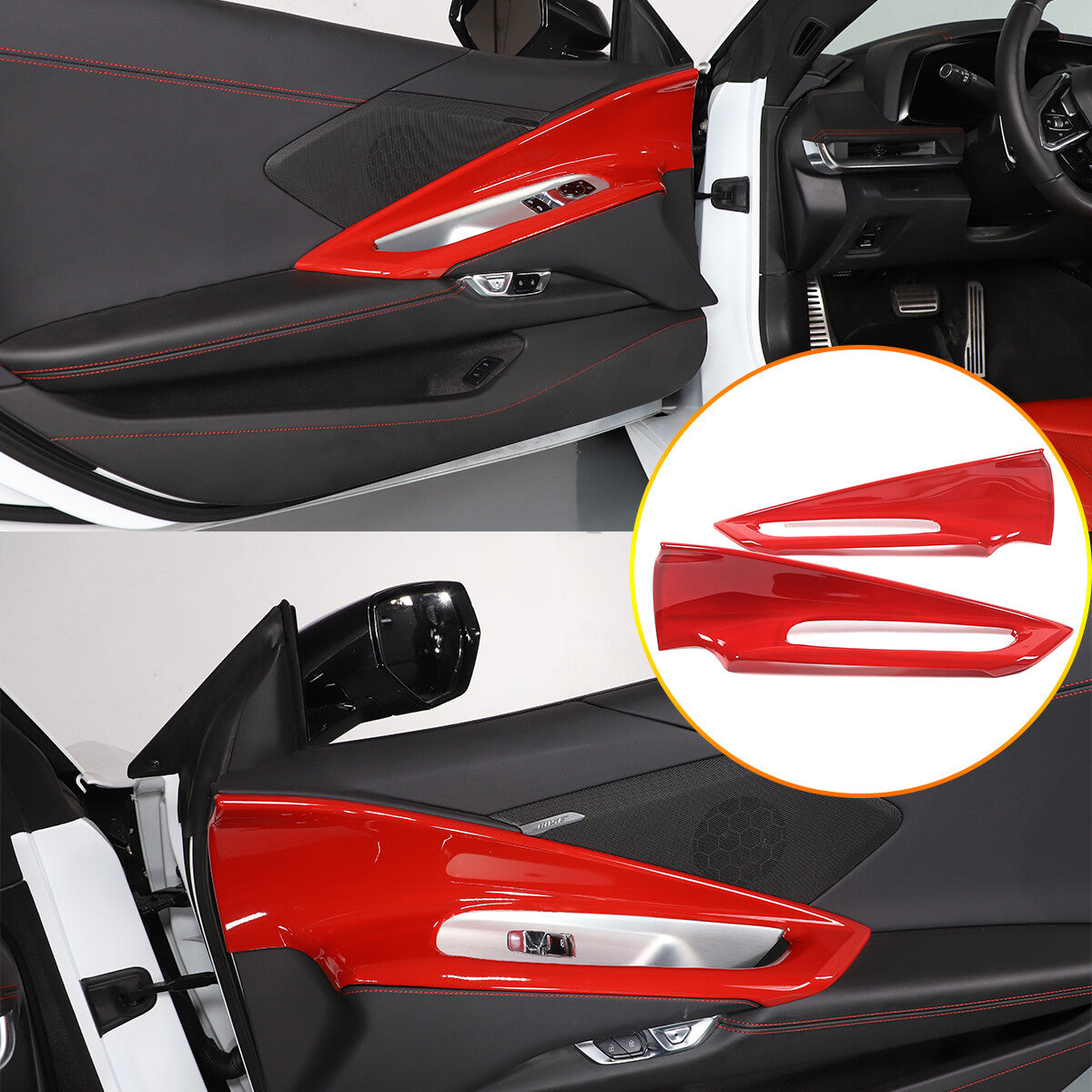 Red ABS Interior Door Window lift Panel Trim Cover Fits For Corvette C8 2020-26 1