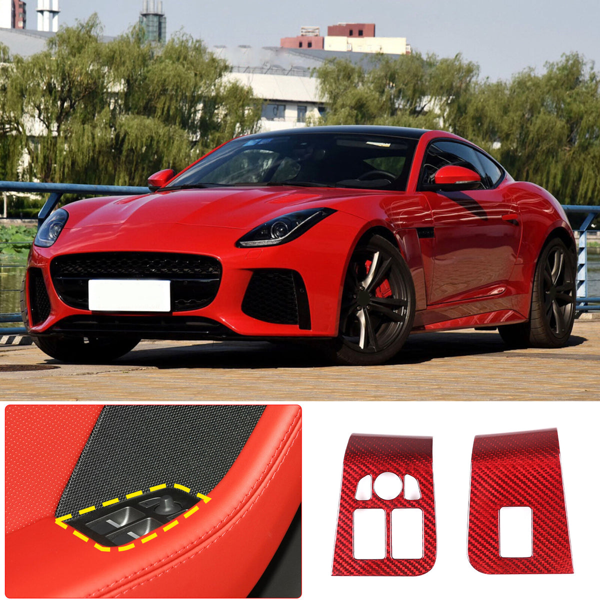 Red Carbon Fiber Window Lift Switch Button Trim Frame For Jaguar F-TYPE 2013-18 14