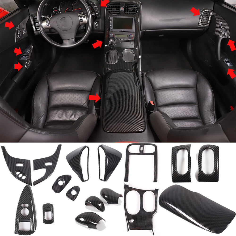 16xCarbon Fiber ABS Interior Center Console Panel Cover Trim Set For Corvette C6 1