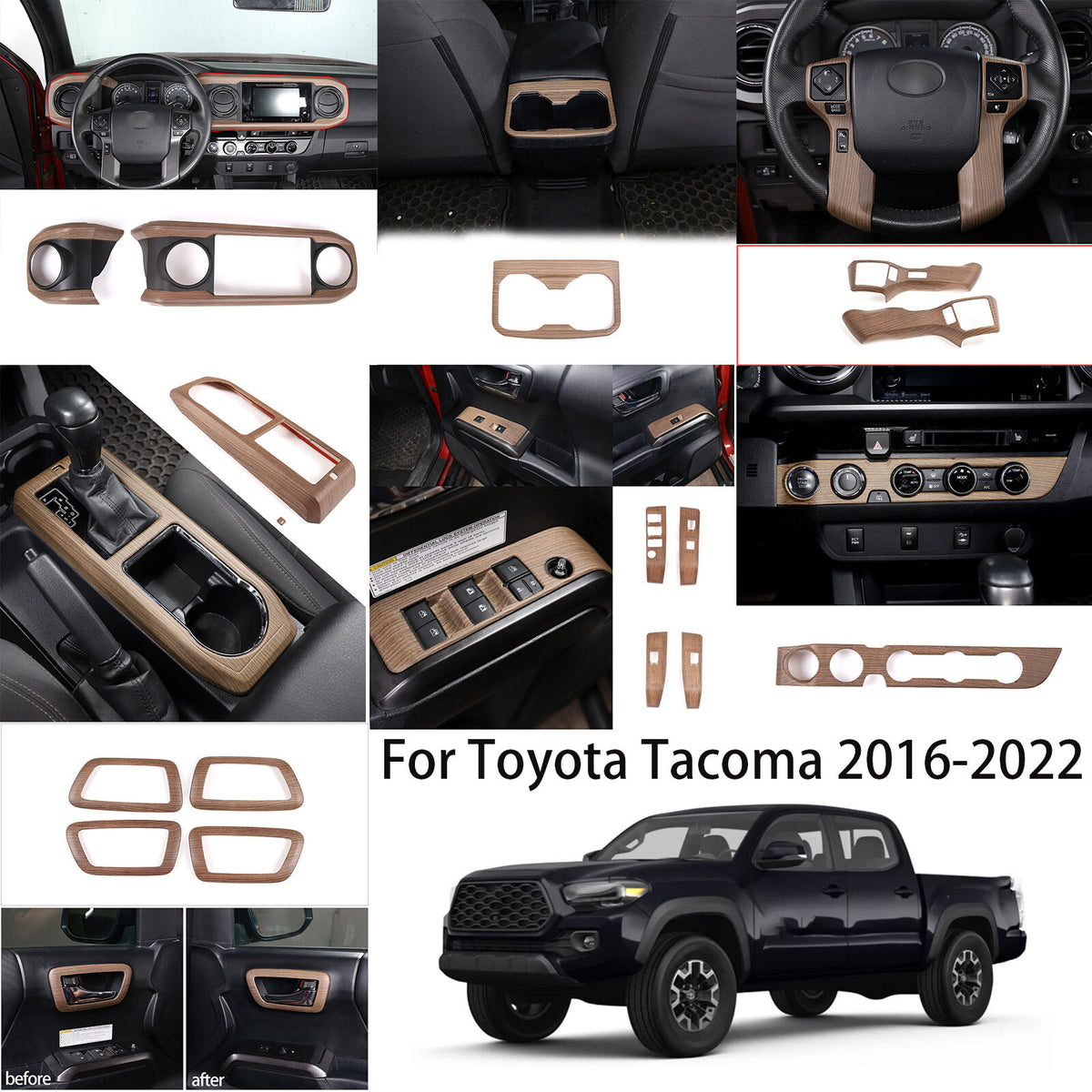 Wood Grain Interior Whole Set Decor Panel Cover Trim Kit For Toyota Tacoma 16-23 1