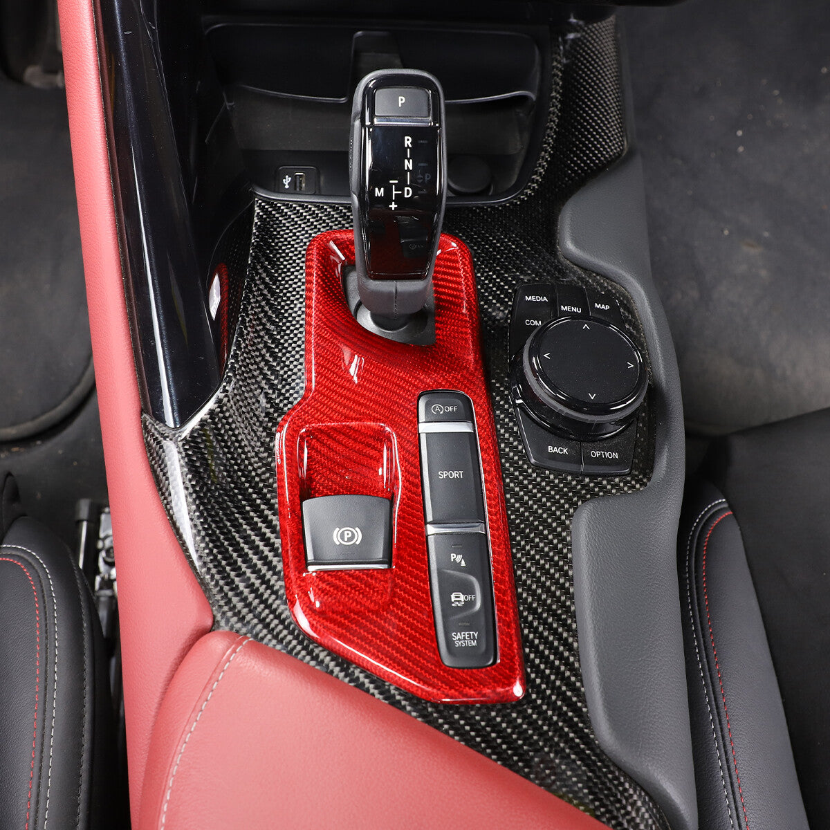 Red Carbon Car Central Console Gear Shift Panel Trim For Toyota Supra 19-22 8