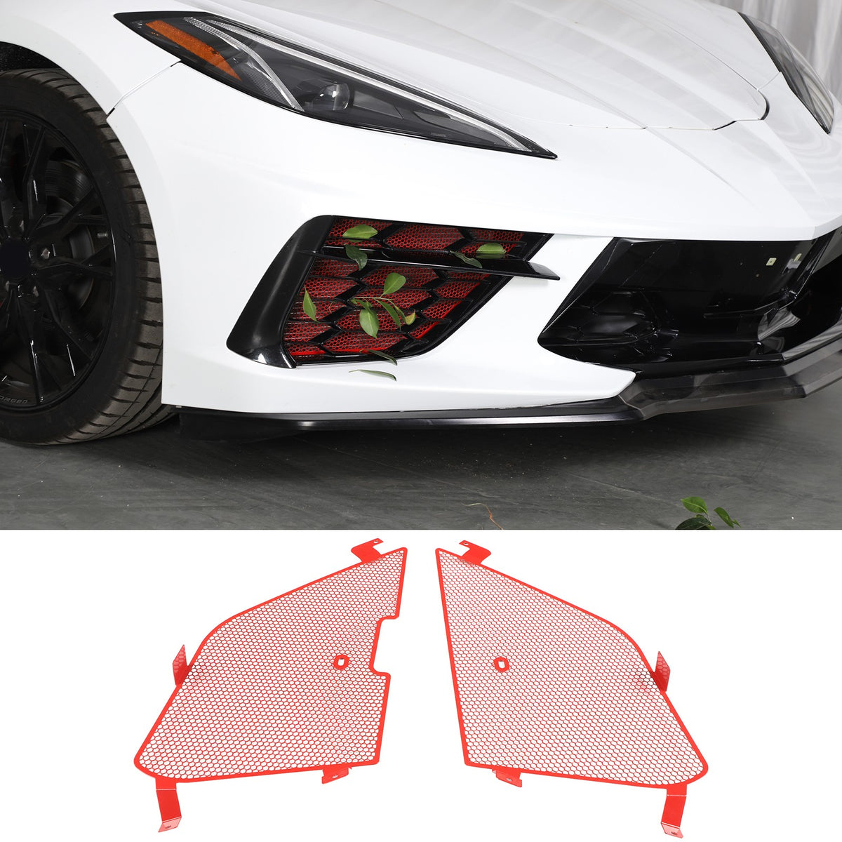 Red Stainless Steel Front Grille Insect Screen Trim For Corvette C8 2020+ 18