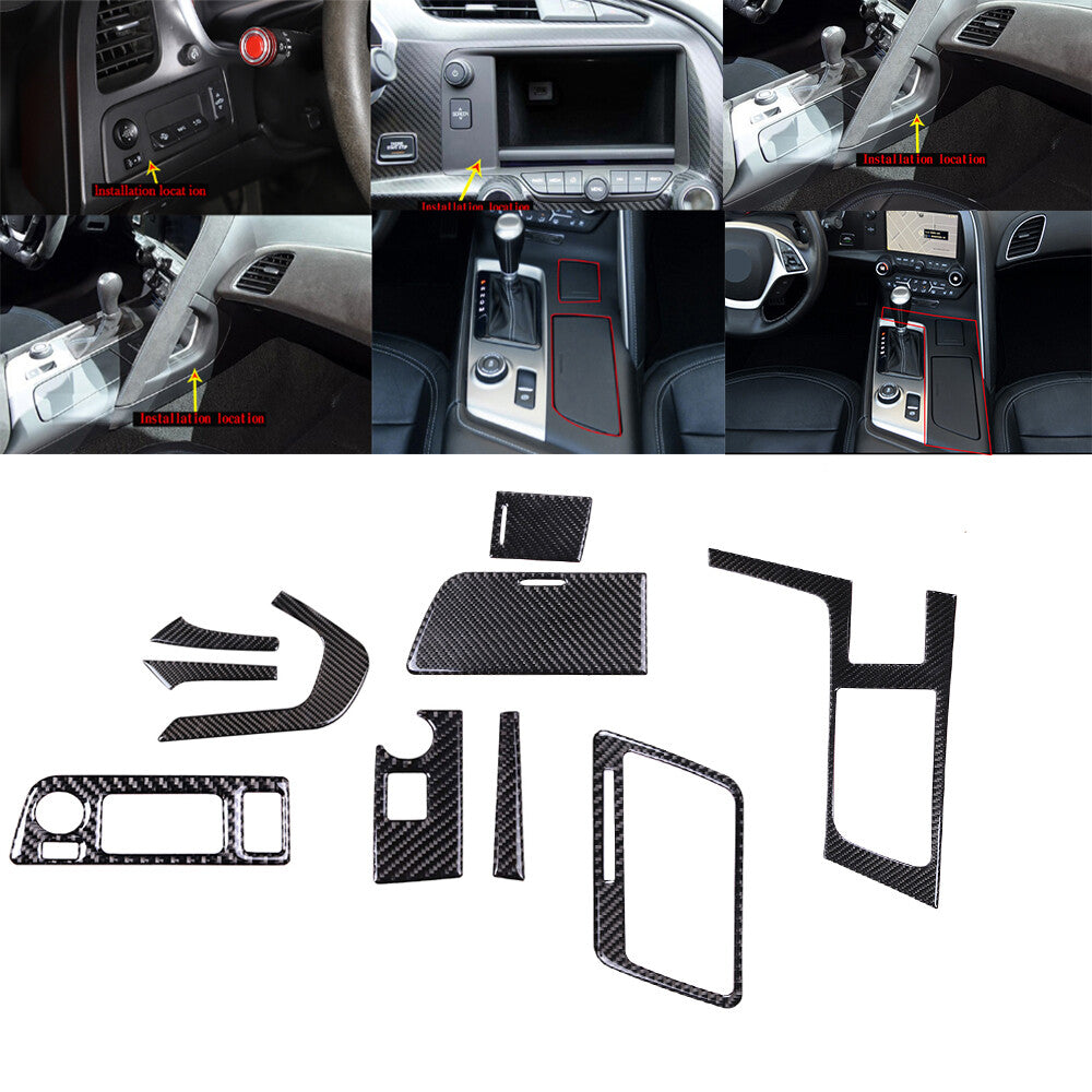 10pcs Carbon Fiber Interior Set Cover Trim For Corvette C7 14-19 1