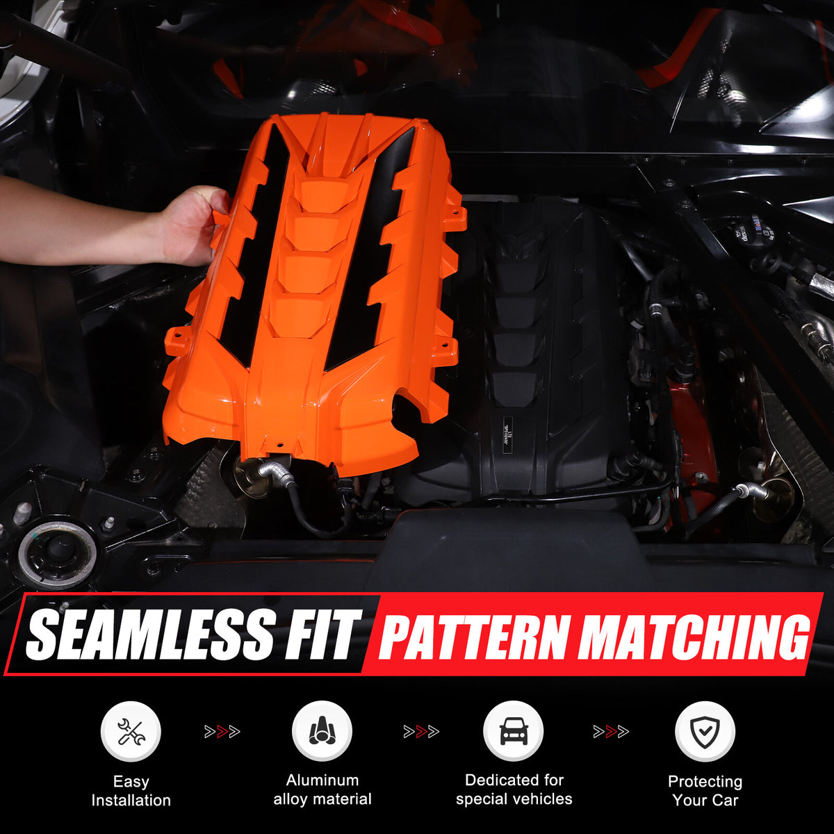 Orange Engine Bay Panel Cover Trim in Edge Black For Corvette Coupe C8 2020-2026 18