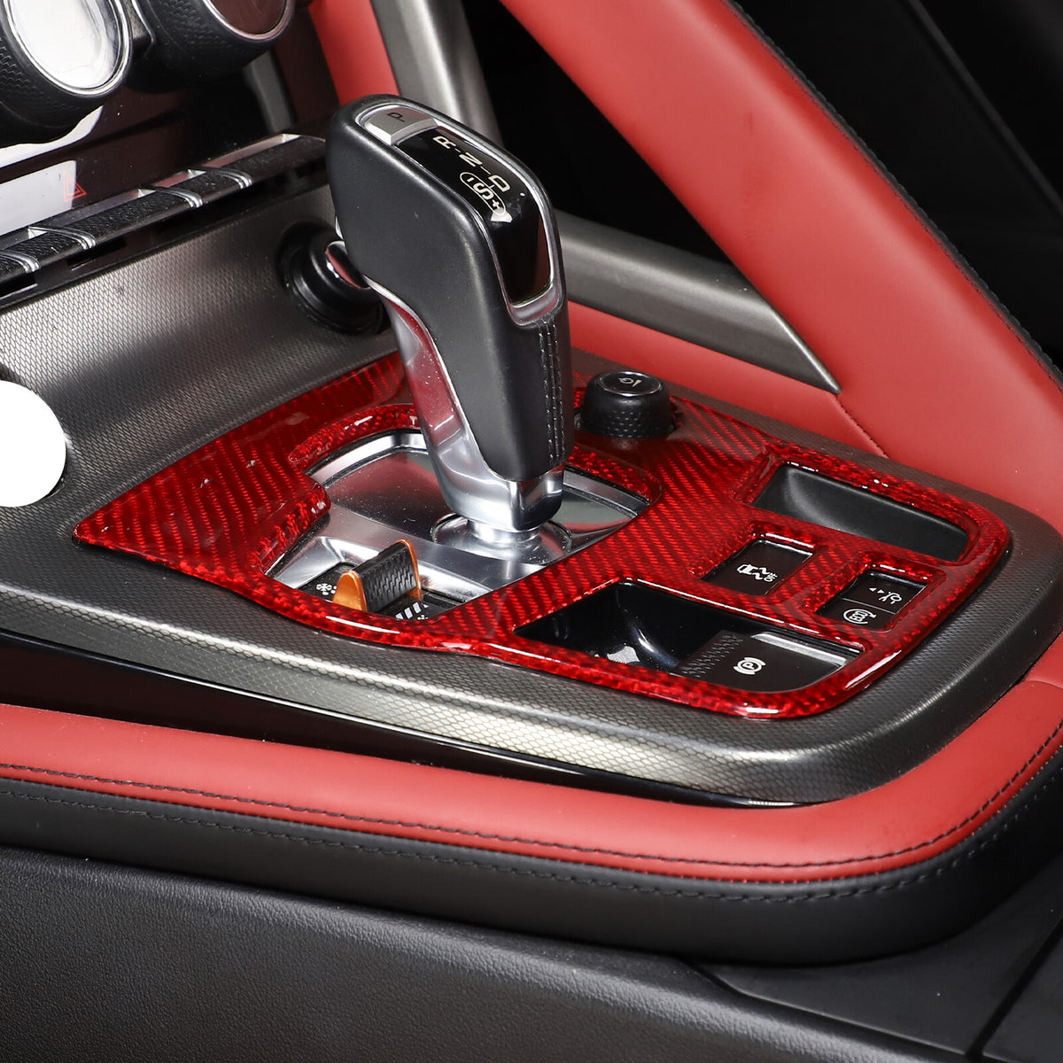 Red Real Carbon Fiber Center Console Gear Cover Set For 2013-22 Jaguar F-TYPE 18