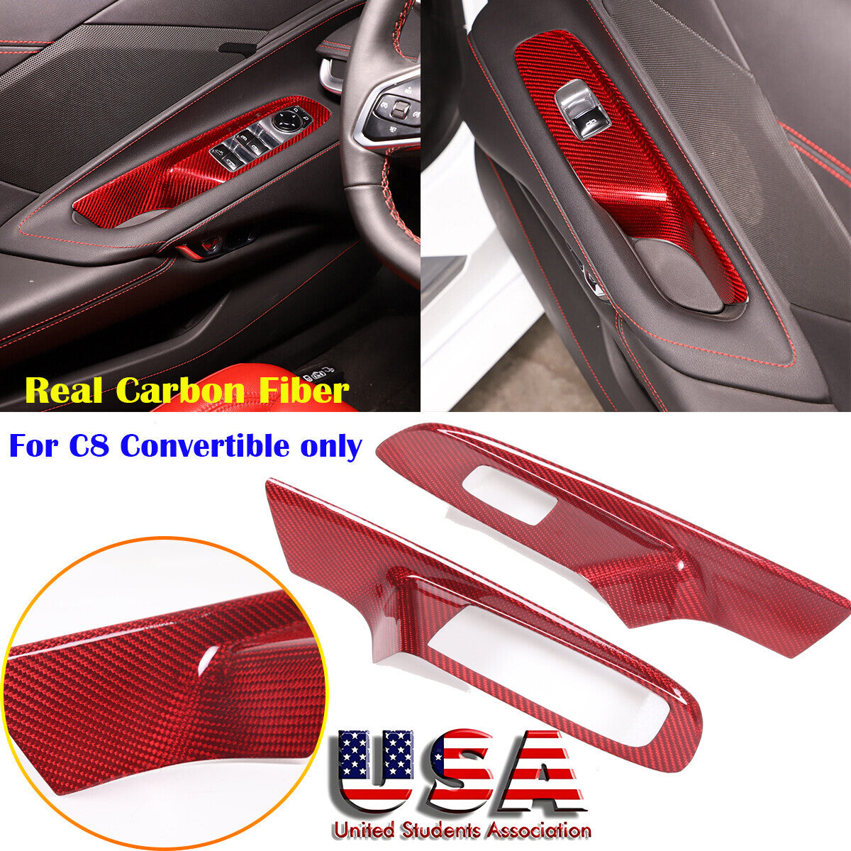 Red Carbon Fiber Window Lift Button Cover Trim For Corvette C8 Convertible 20-26 1