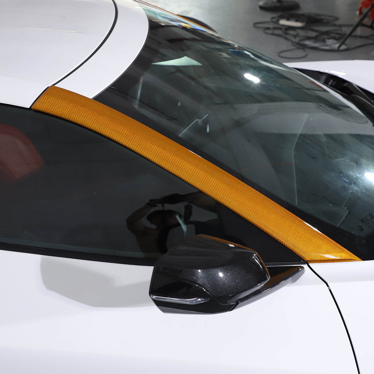 Yellow Carbon Fiber Front Window A Pillar Layover Trim For C8 Corvette 20-26 2
