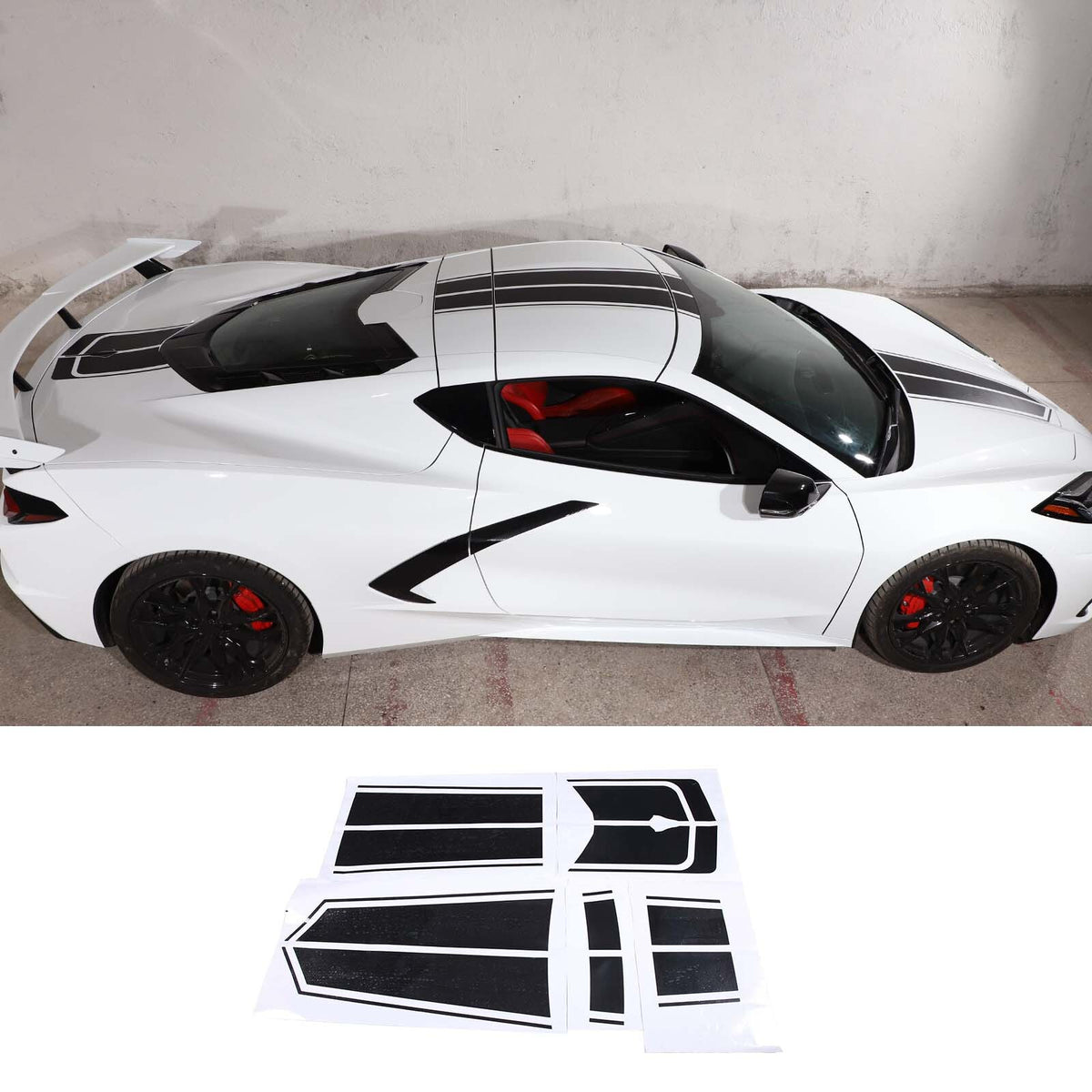Black Racing Stripe Overlay Graphic Decal Flat Vinyl Fit For Corvette C8 2020-26 2