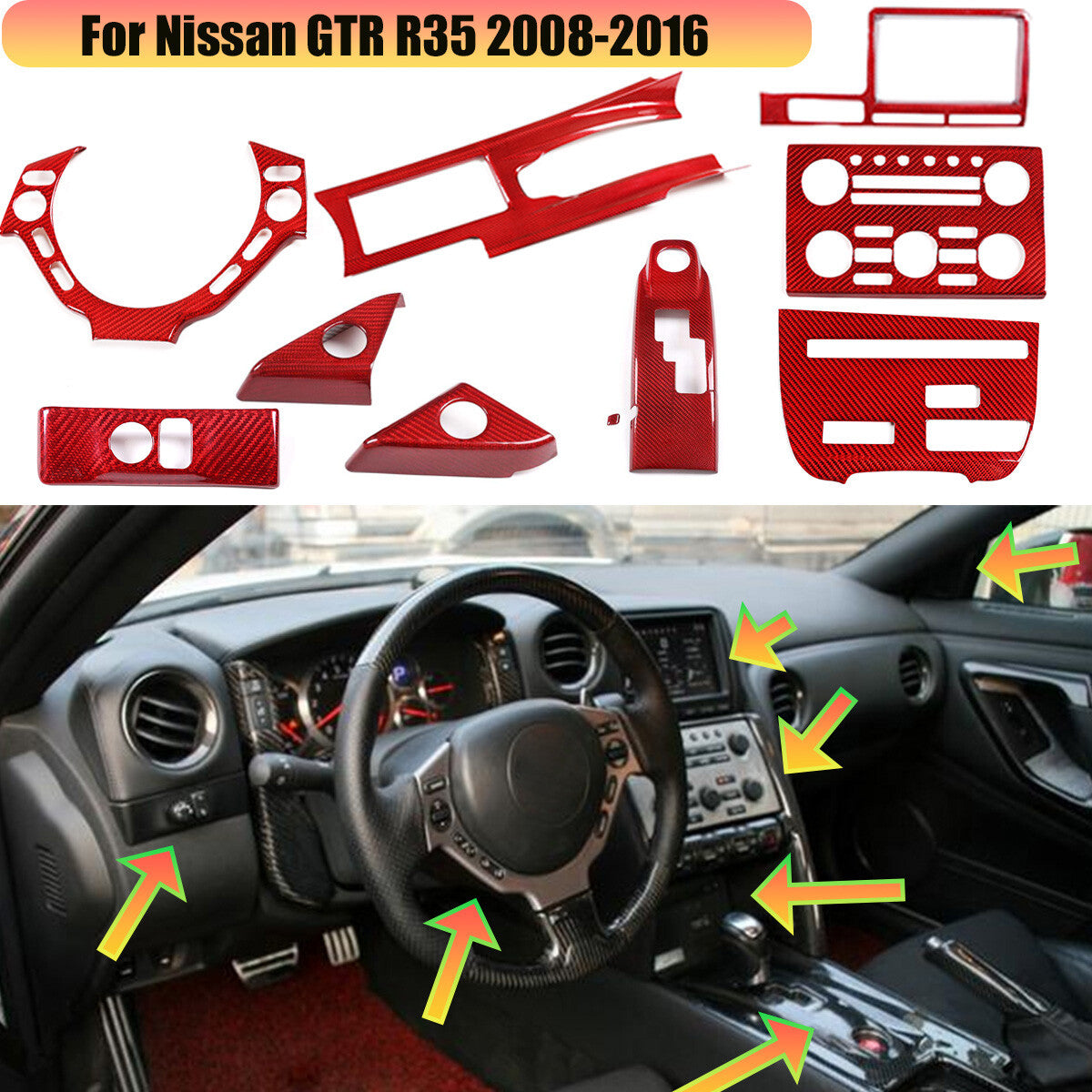 Red Real Carbon Fiber Interior Center Trim Cover Kit For Nissan GTR R35 2008-16 1