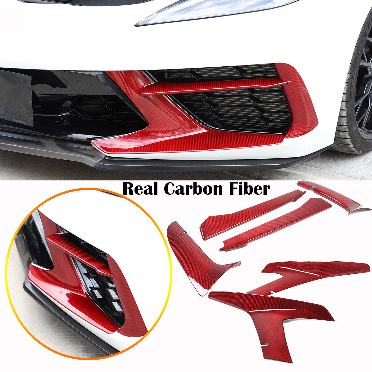 Red Real Carbon fiber Car Front Bumper Side Grille Cover Set For Corvette C8 20+ 1