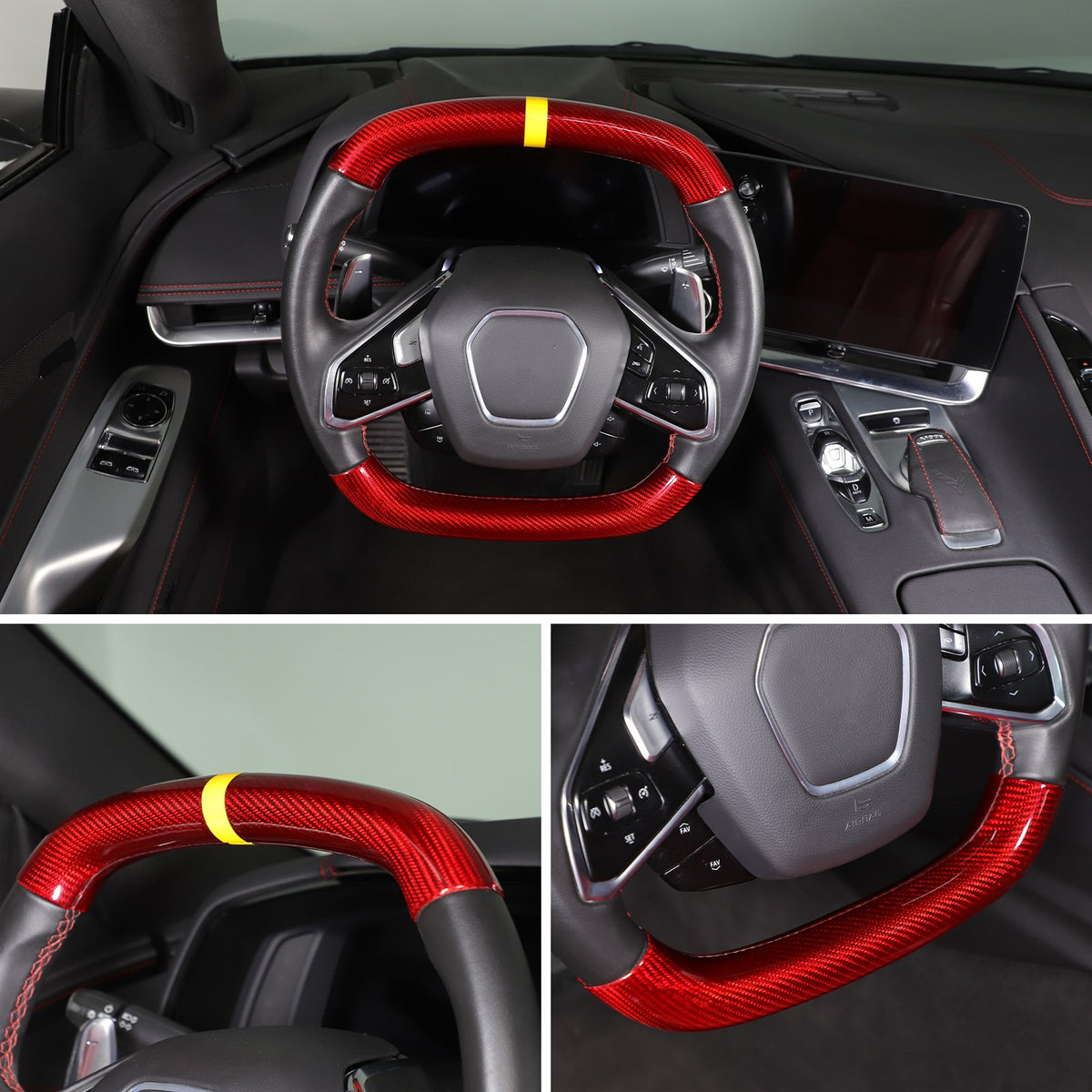 Red Real Carbon Fiber Yellow Top Steering Wheel Cover Trim For Corvette C8 2020+ 3