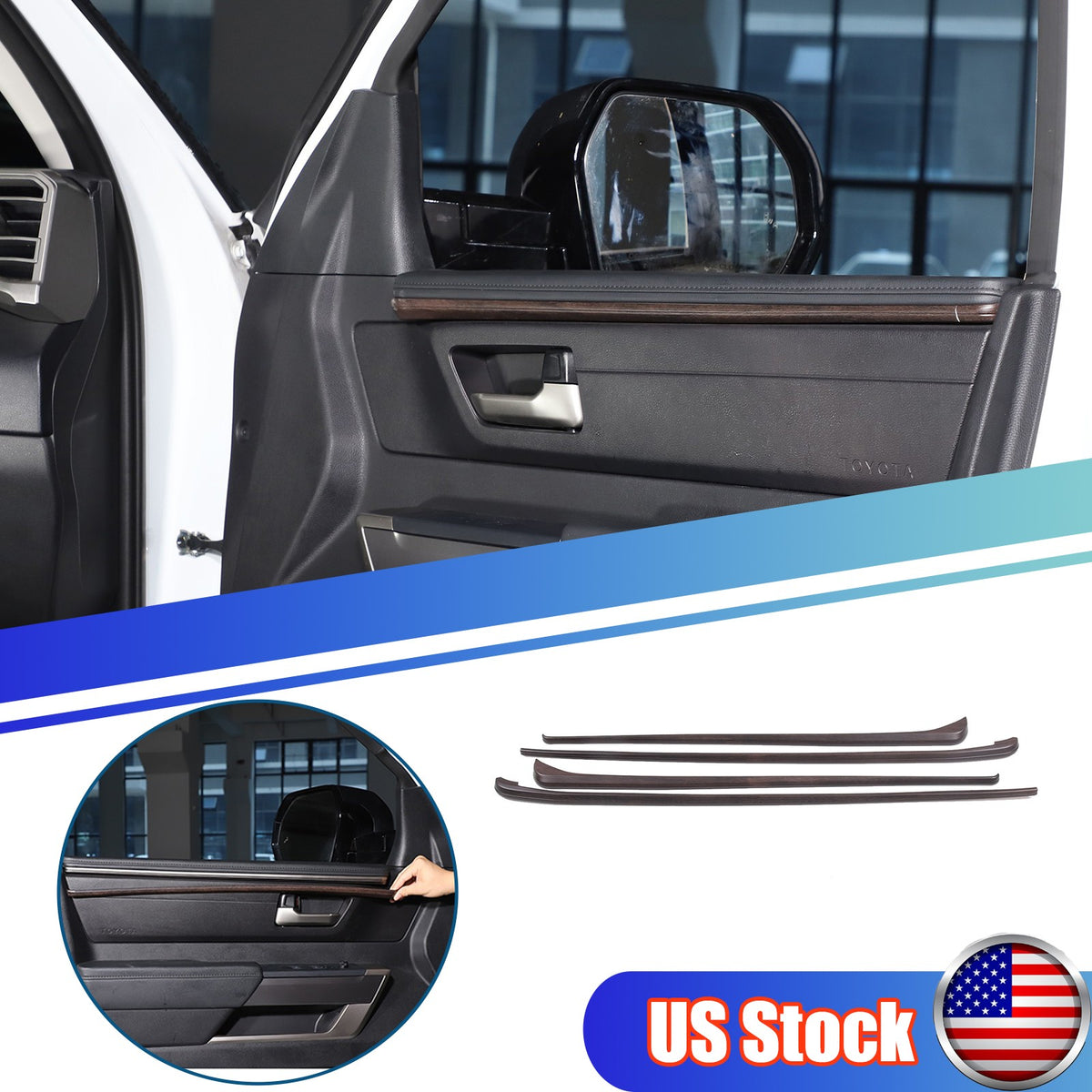 Wood Grain ABS Inner Upper Door Panel Trim For Toyota Tundra CrewMax Cab 2022+ 1