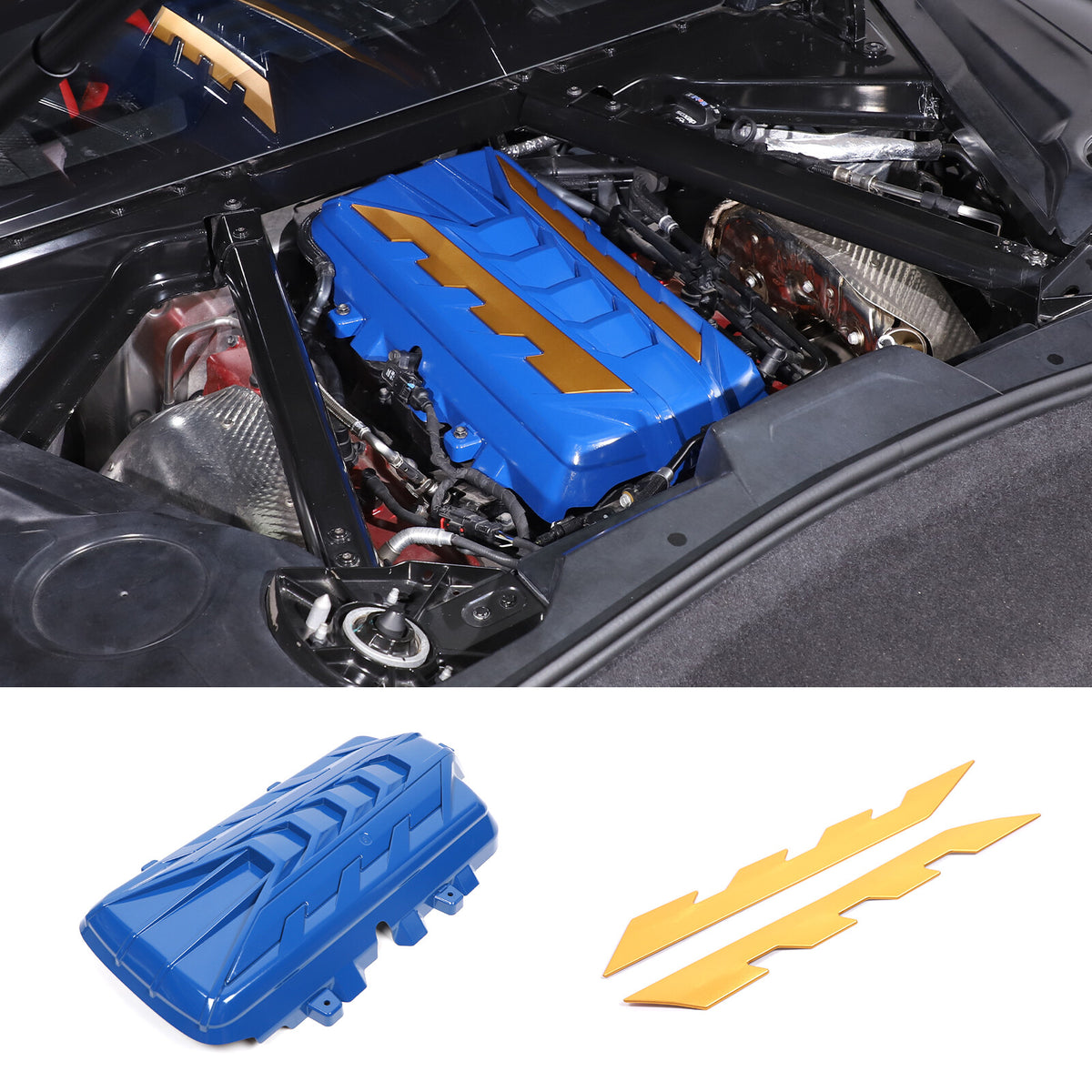 Blue Engine Bay Panel Cover Trim in Edge Yellow For Corvette C8 2020-26 3