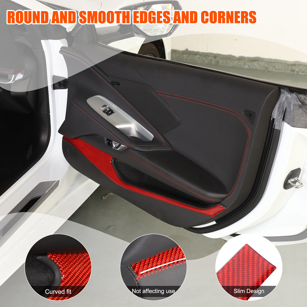 Red Carbon Fiber Interior Door Panel Anti Kick Trim Sticker For Corvette C8 20+ 9