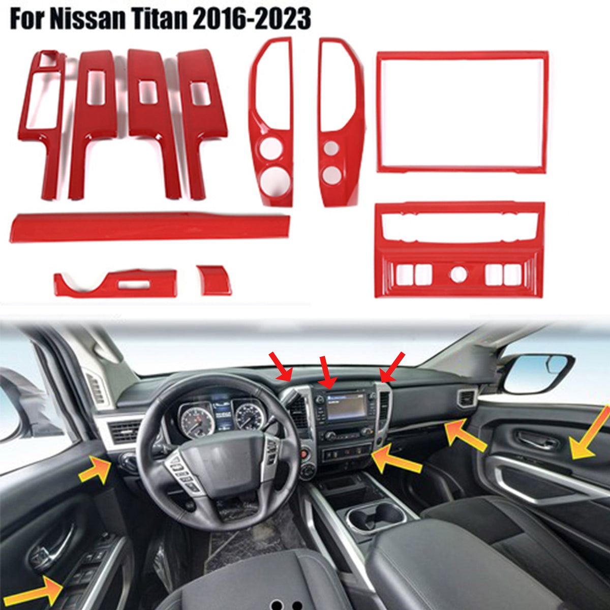 11PCS Red ABS Dashboard Center Console Trim Cover Set for Nissan Titan 2016-23 1
