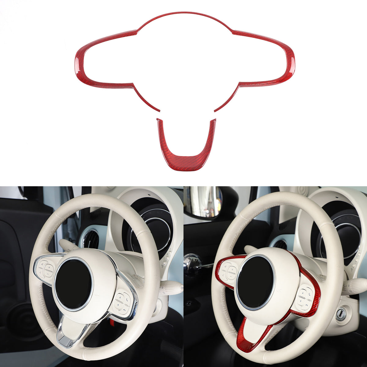 Red Real Carbon Fiber Steering Wheel Button Trim For Fiat 500 Abarth 595 695 16+ 19
