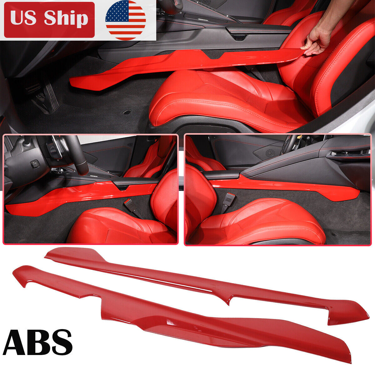 ABS Red Car Side Center Console Strips Trim For Corvette C8 Z51 Z06 2020-26 US 1