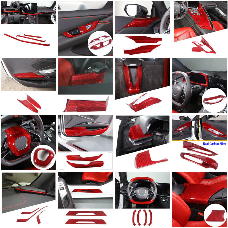 Red Real Carbon Fiber Full Interior Set Decor Trim Kit for Corvette C8 20-25 61
