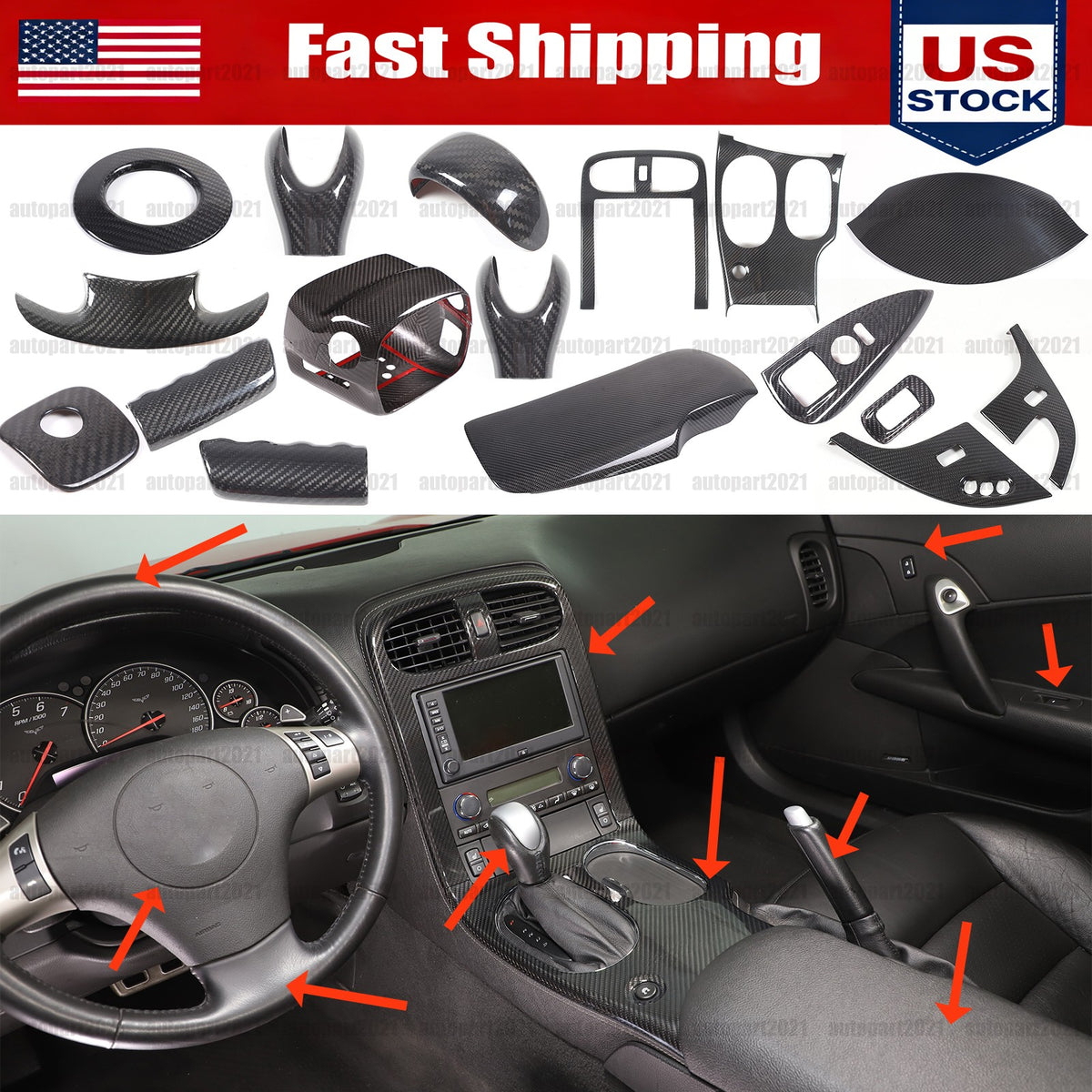 Real Carbon Fiber Full Interior Center Console Trim Kit For Corvette C6 2005-13 1