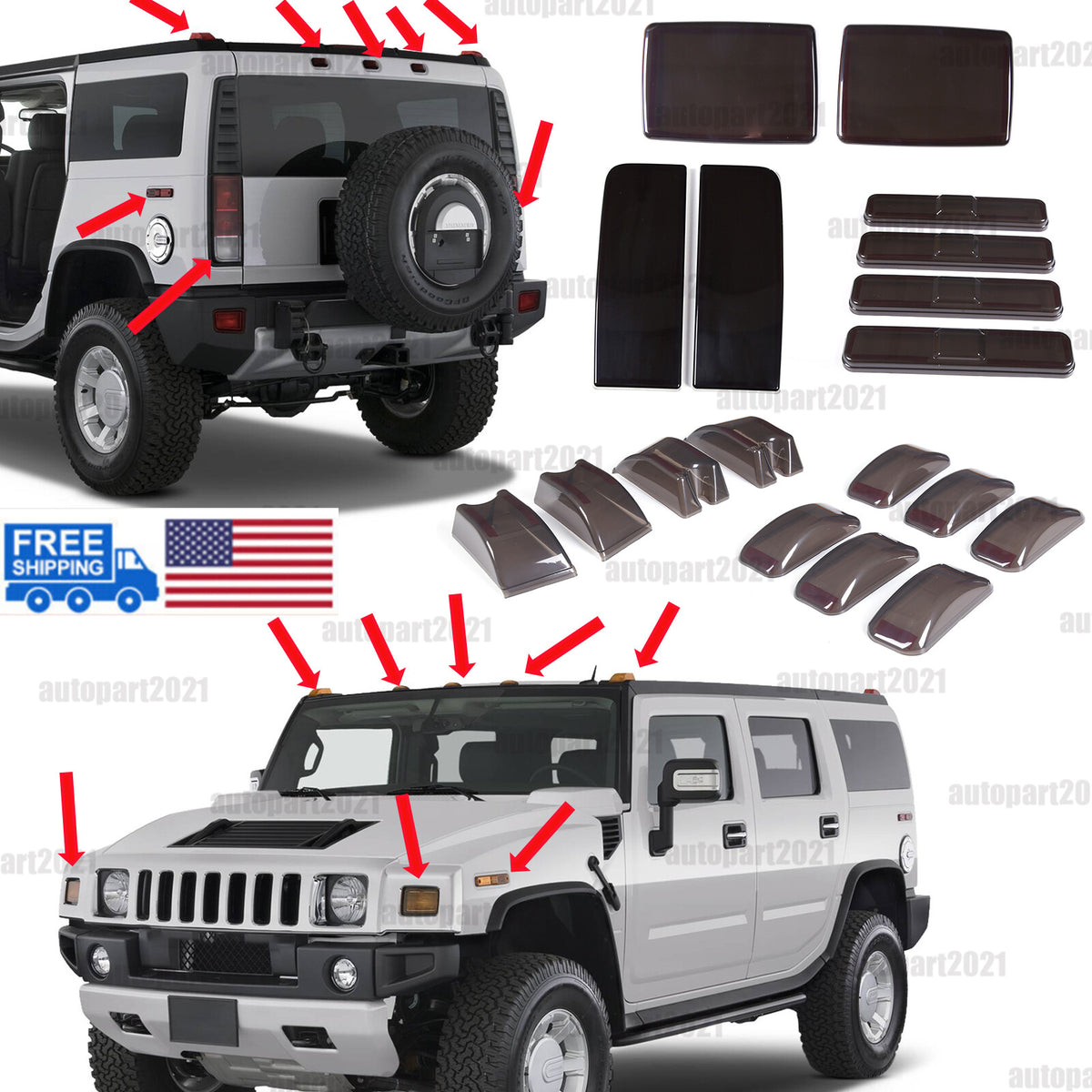 18pcs Smoked Front Rear Side Tail Light Roof Light Trim Cover For Hummer H2 1