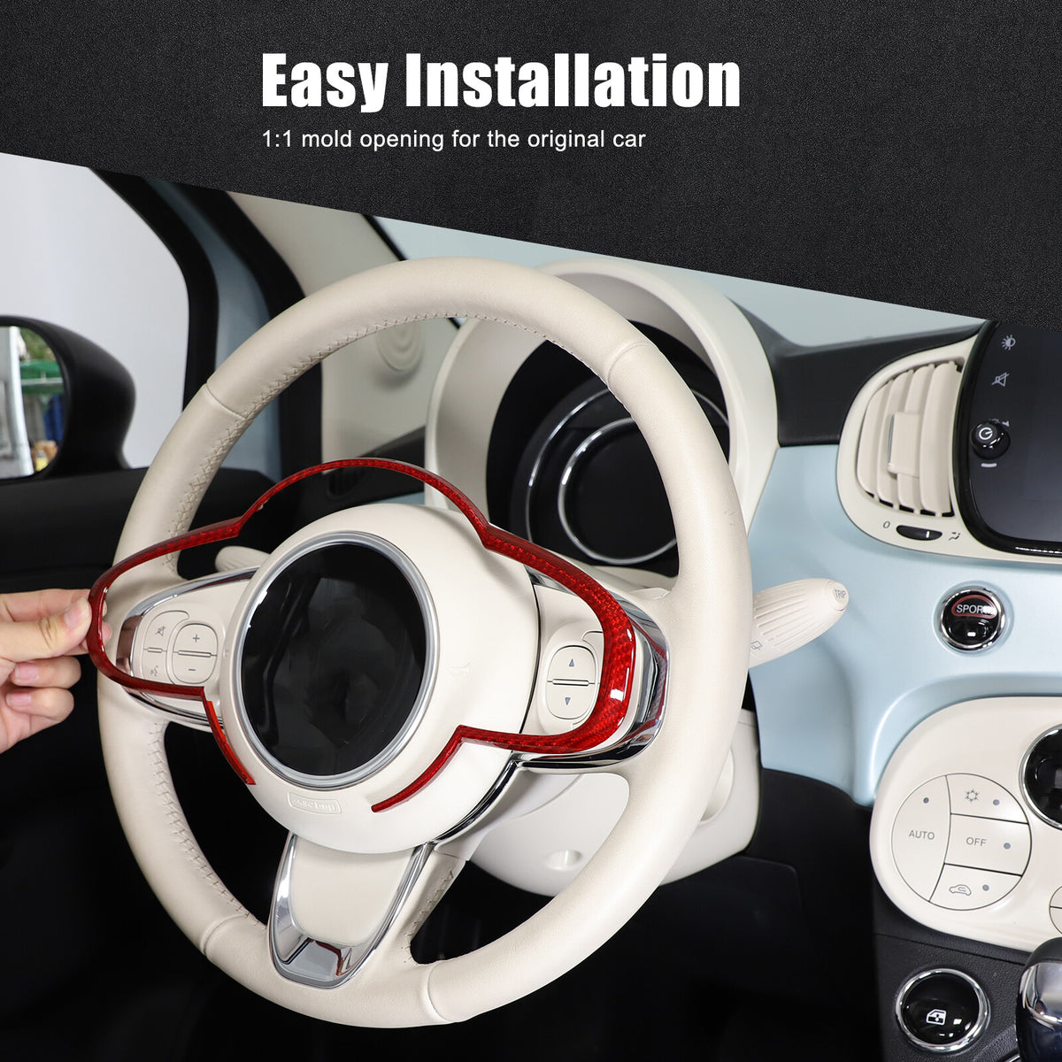 Red Real Carbon Fiber Steering Wheel Trim For Fiat 500 Abarth 595 695 2016+ 21