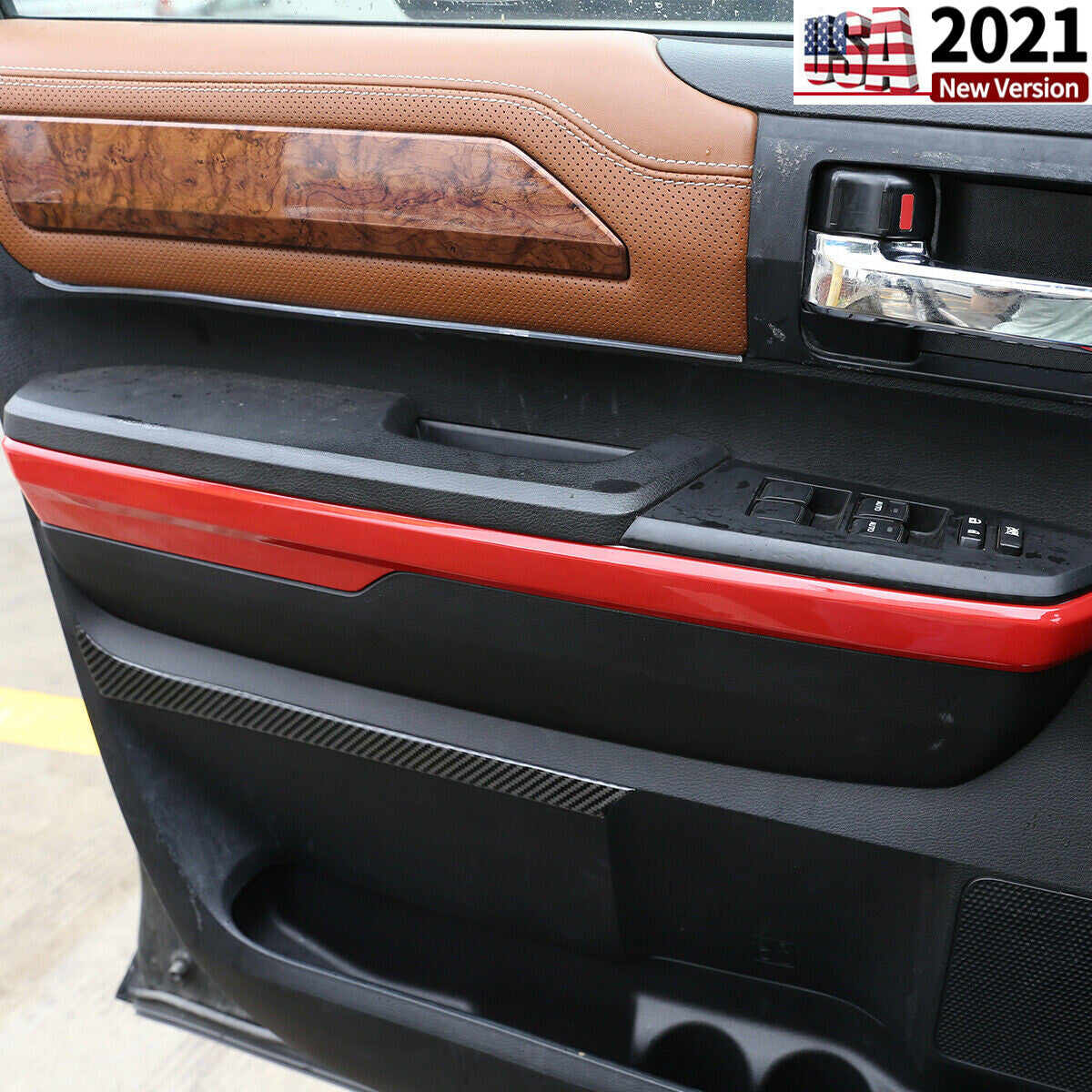 ABS Red Inner Door Armrest Cover Trim Frame For Toyota Tundra Crew Cab 2014-2018 7