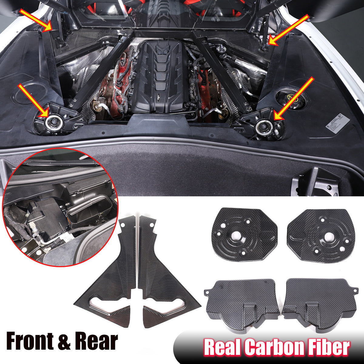Real Carbon fiber Engine Bay Corner Shock Tower Cover Trim Kit For Corvette C8 1