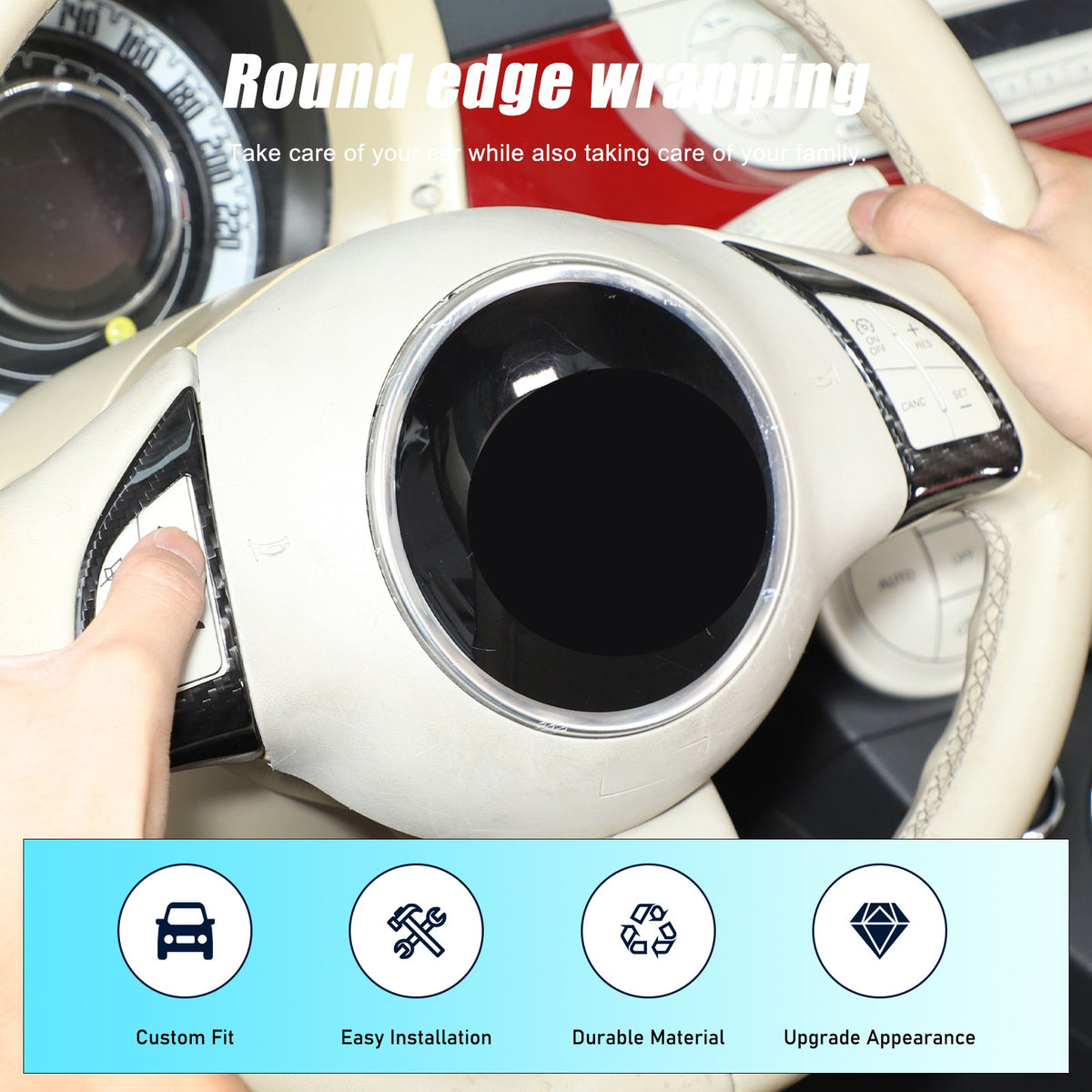 Real Dry Carbon Fiber Steering Wheel Button Trim For Fiat 500 Abarth 2008-2015 14