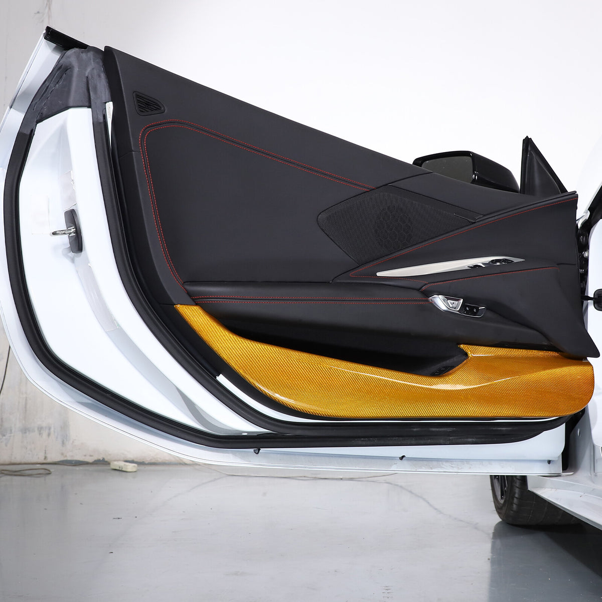 Yellow Carbon Fiber Interior Door Anti-kick Panel Cover Trim For Corvette C8 20+ 1