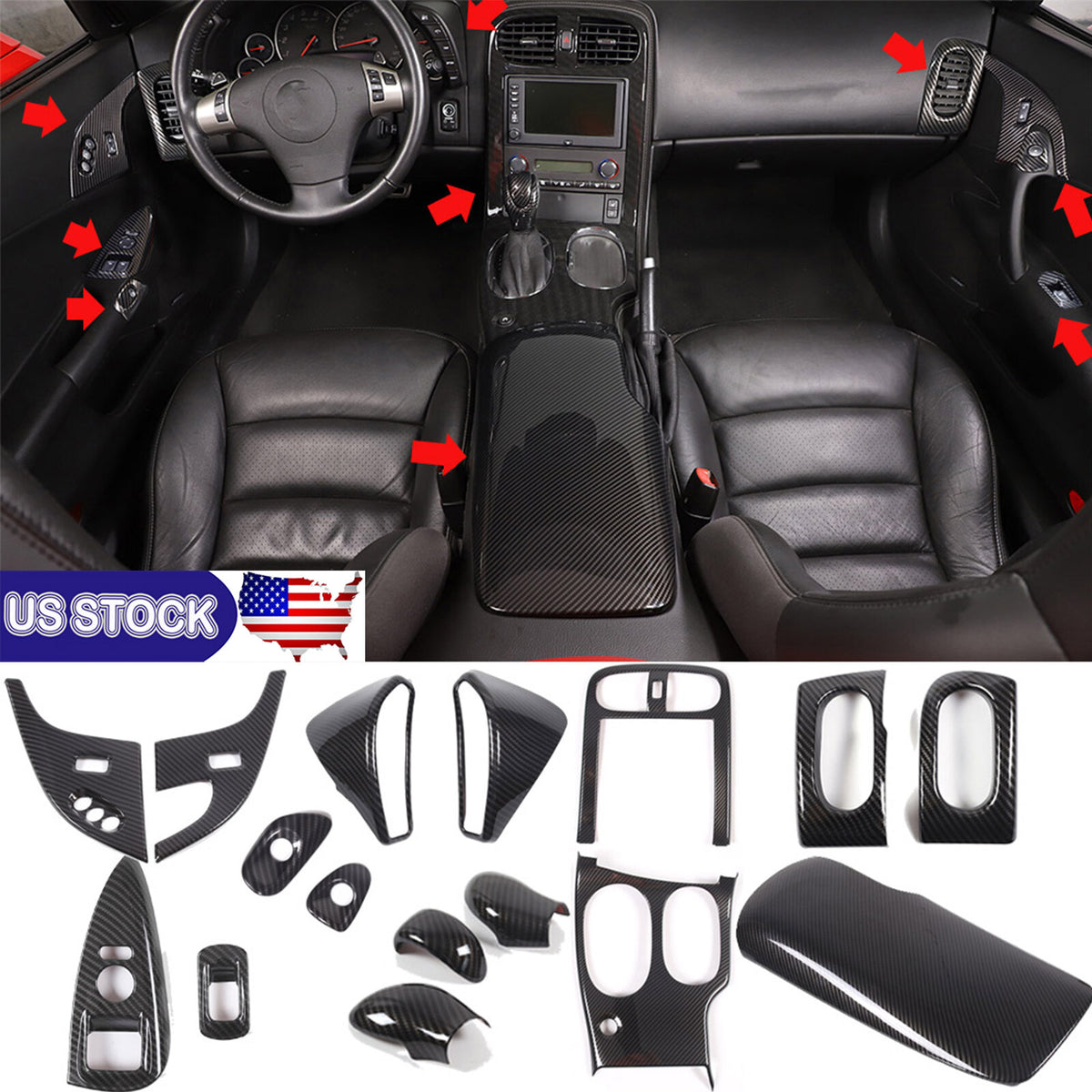 16pcs Carbon ABS Interior Center Console Panel Cover Trim Set For Corvette C6 US 1