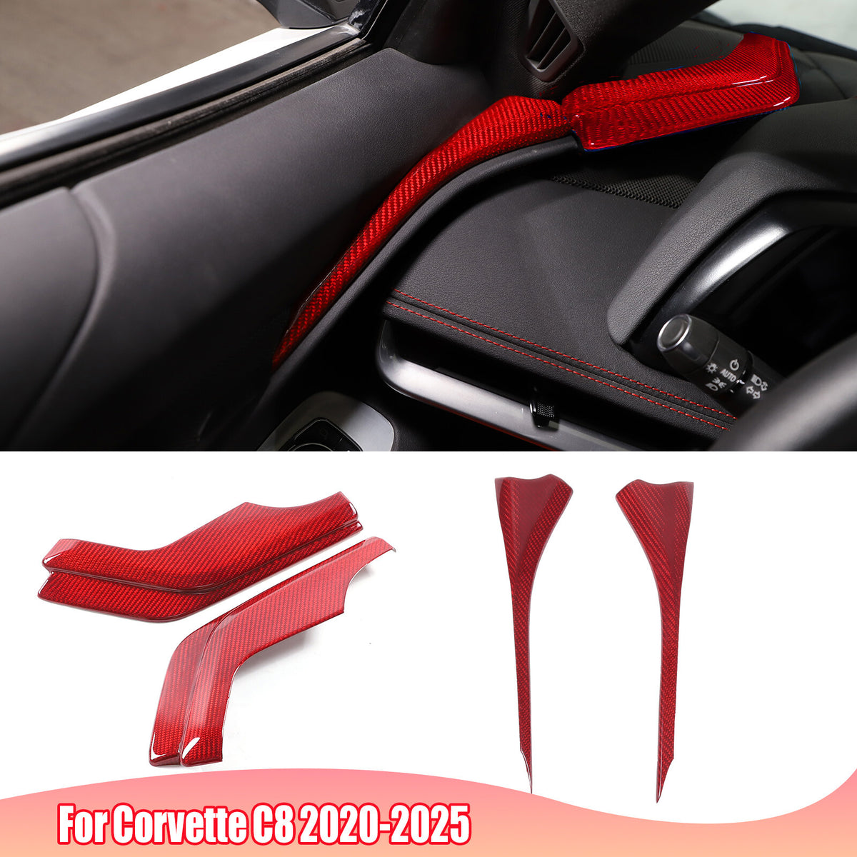 Red Real Carbon Fiber Interior Dashboard Side Panel Trim For Corvette C8 2020-26 1