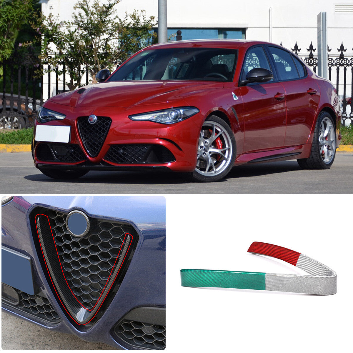 Tri-Color Carbon Fiber Front Grille V-shape Cover For Alfa Romeo Stelvio 17-22 1