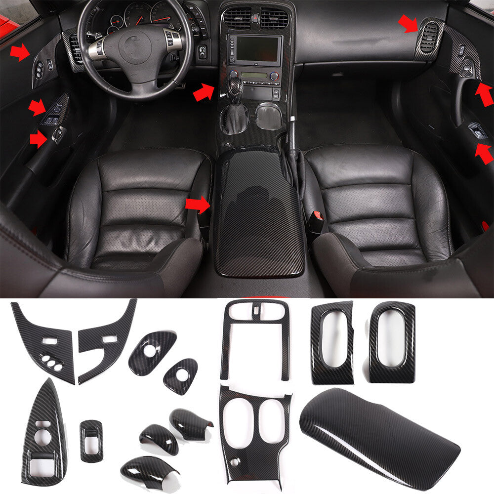 14xCarbon Fiber ABS Interior Center Console Panel Cover Trim Set For Corvette C6 1