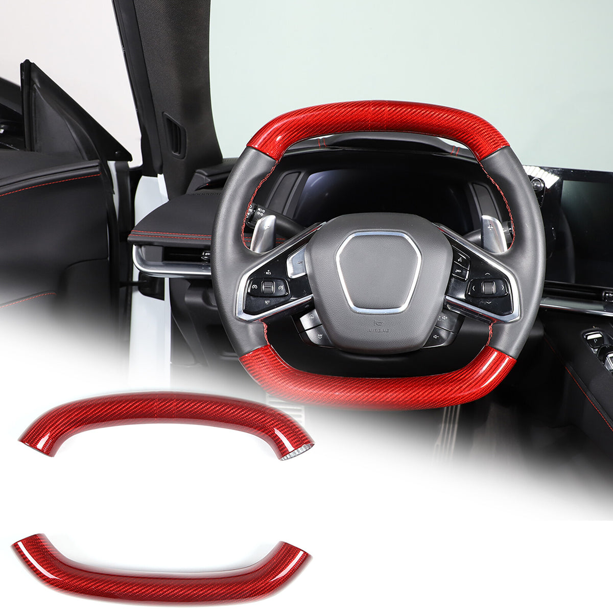 Red Real Carbon Fiber Steering Wheel Top Handle Cover Trim For C8 Corvette 20-26 1