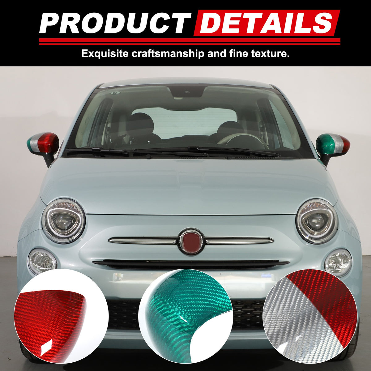 Tri-Color Real Carbon Fiber Side Mirror Cover Trim For Fiat 500 312 2010+ 18