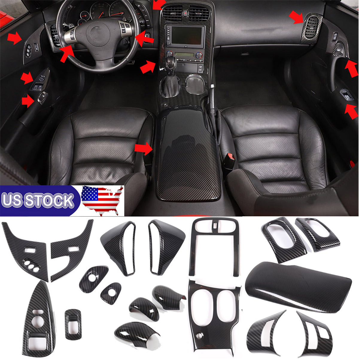 18pcs Carbon ABS Interior Center Console Panel Cover Trim Set For Corvette C6 US 1
