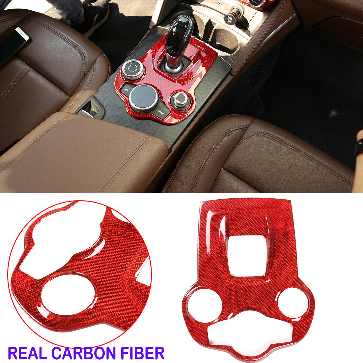 Red Real Carbon Fiber Gear Shift Cover Trim For Alfa Romeo Giulia Stelvio 17-19 1