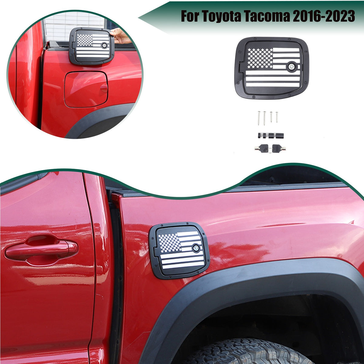 US Flag Lock Key Aluminum Gas Fuel Tank Door Cover Cap For Toyota Tacoma 2016-23 1