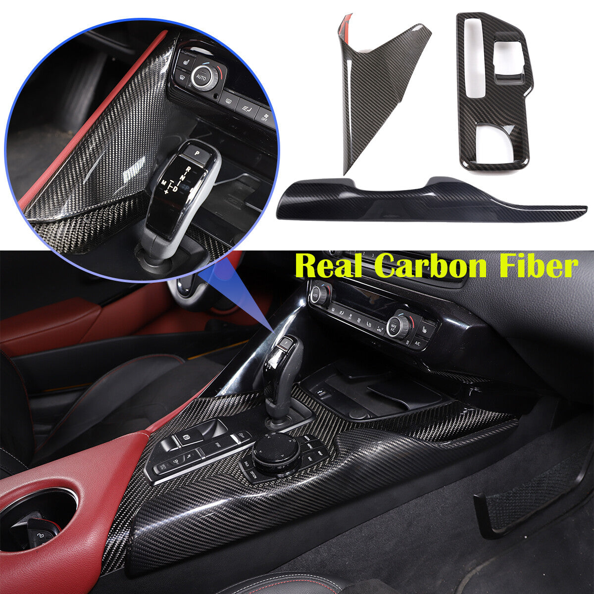 Real Carbon Fiber Center Gear Shift Panel Set Interior Trim For GR Supra 20-22 2