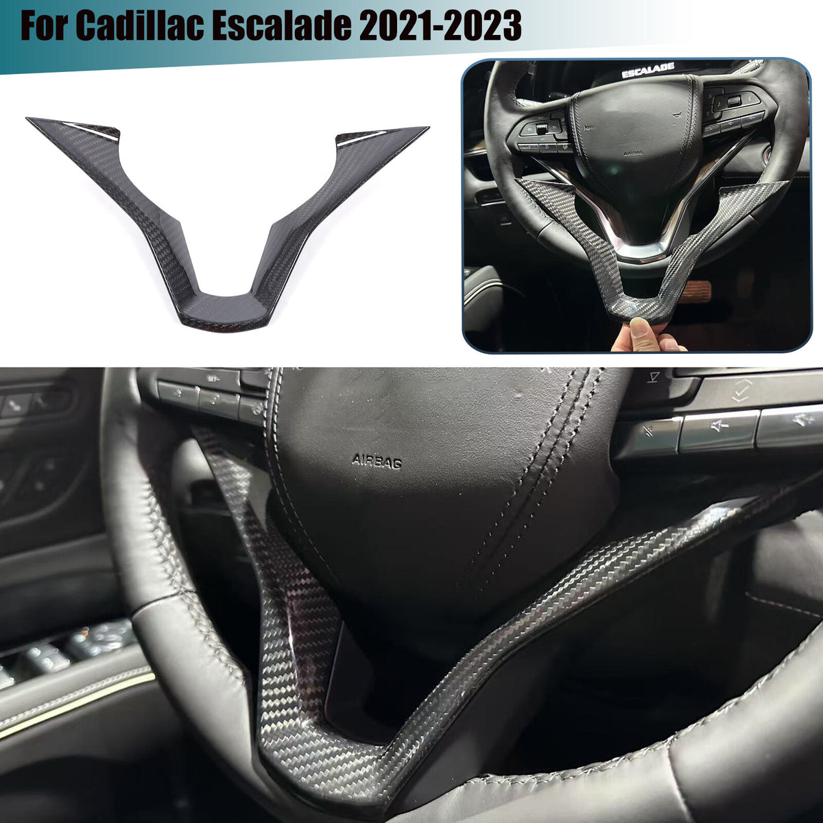 Real Carbon Fiber Interior Steering Wheel Cover Trim For Cadillac Escalade 21-24 1