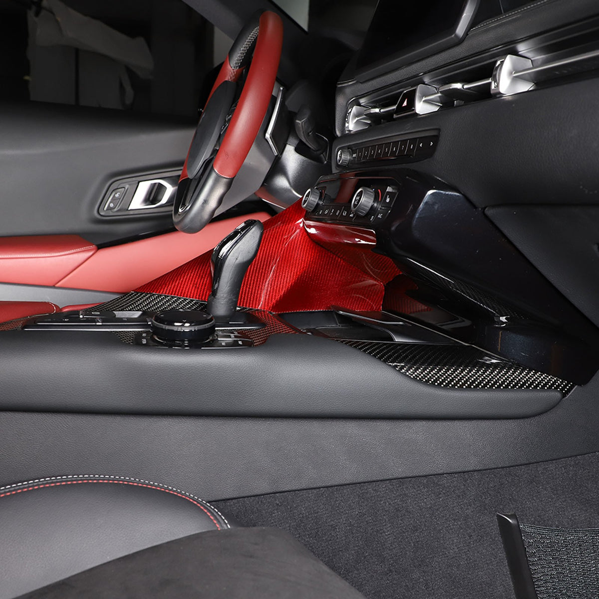 Red Real Carbon Fiber Center Gear Shift Side Panel Trim For Toyota Supra A90 19+ 20