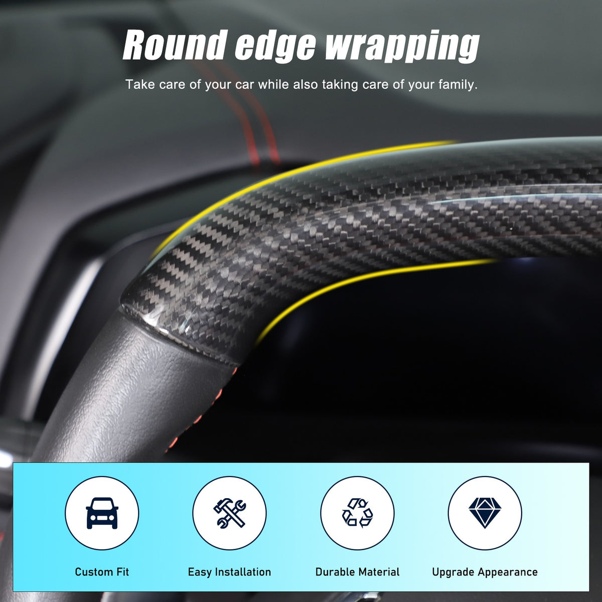 Yellow Top Real Carbon Fiber Steering Wheel Cover Trim For Corvette C8 20+ 14