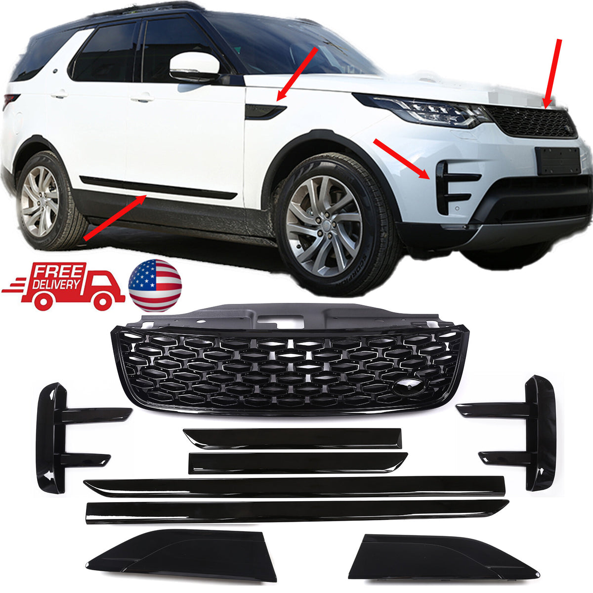 Dynamic Black Front Grille Side Fender Kit For Land Rover Discovery 5 L462 2017+ 1