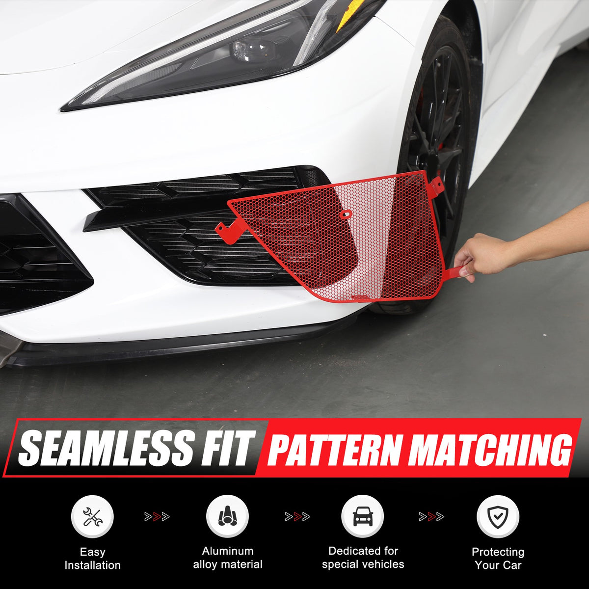 Red Stainless Steel Front Grille Insect Screen Trim For Corvette C8 2020+ 7